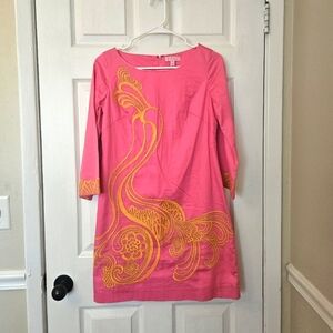 Lilly Pulitzer Hot Pink Shift Dress with Gold And Orange Embroidery Sz 0